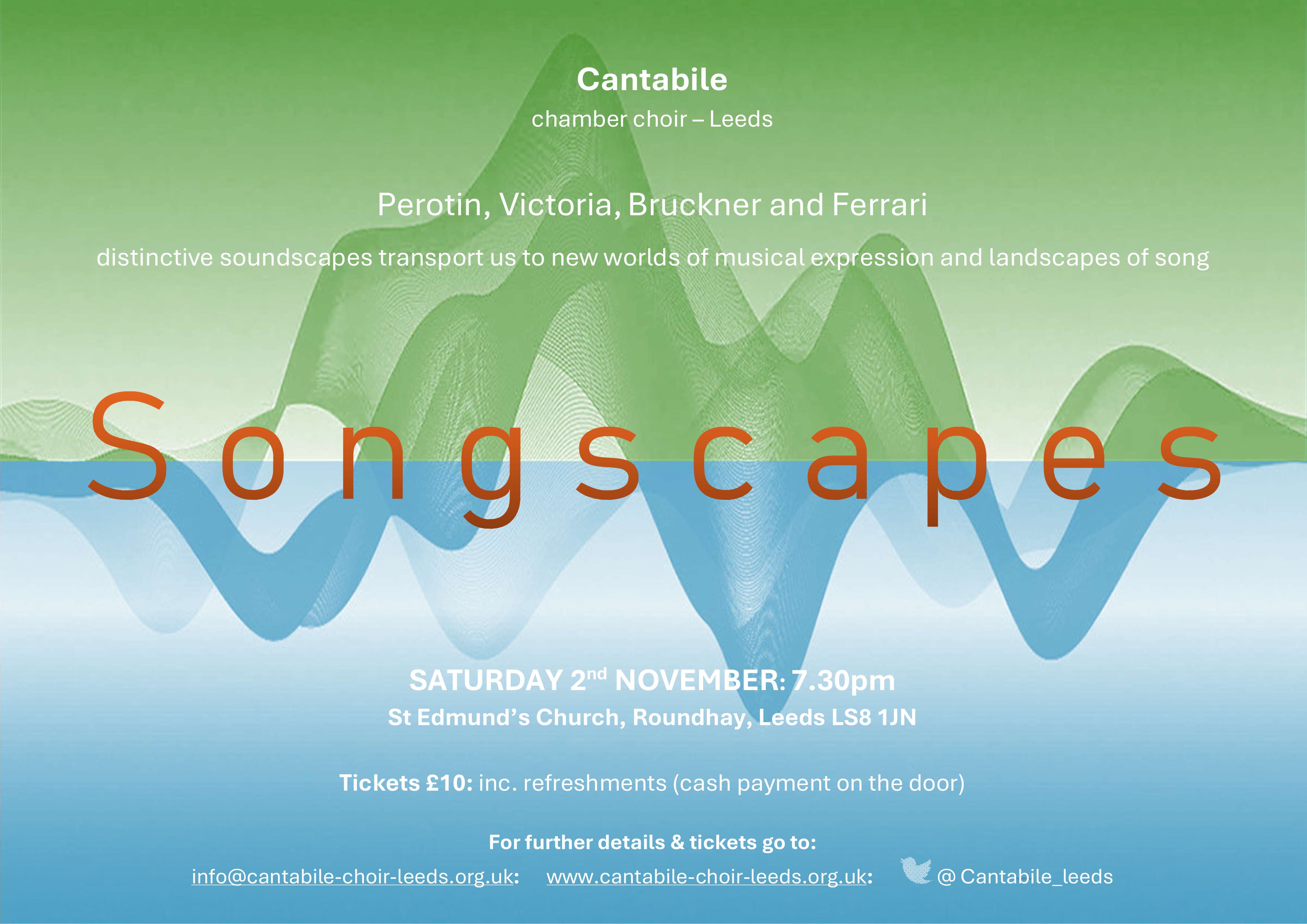 St Edmunds Concert flyer 2nd November 2024. Blue and Green
  overlapping sine waves as background.  All details in text below.